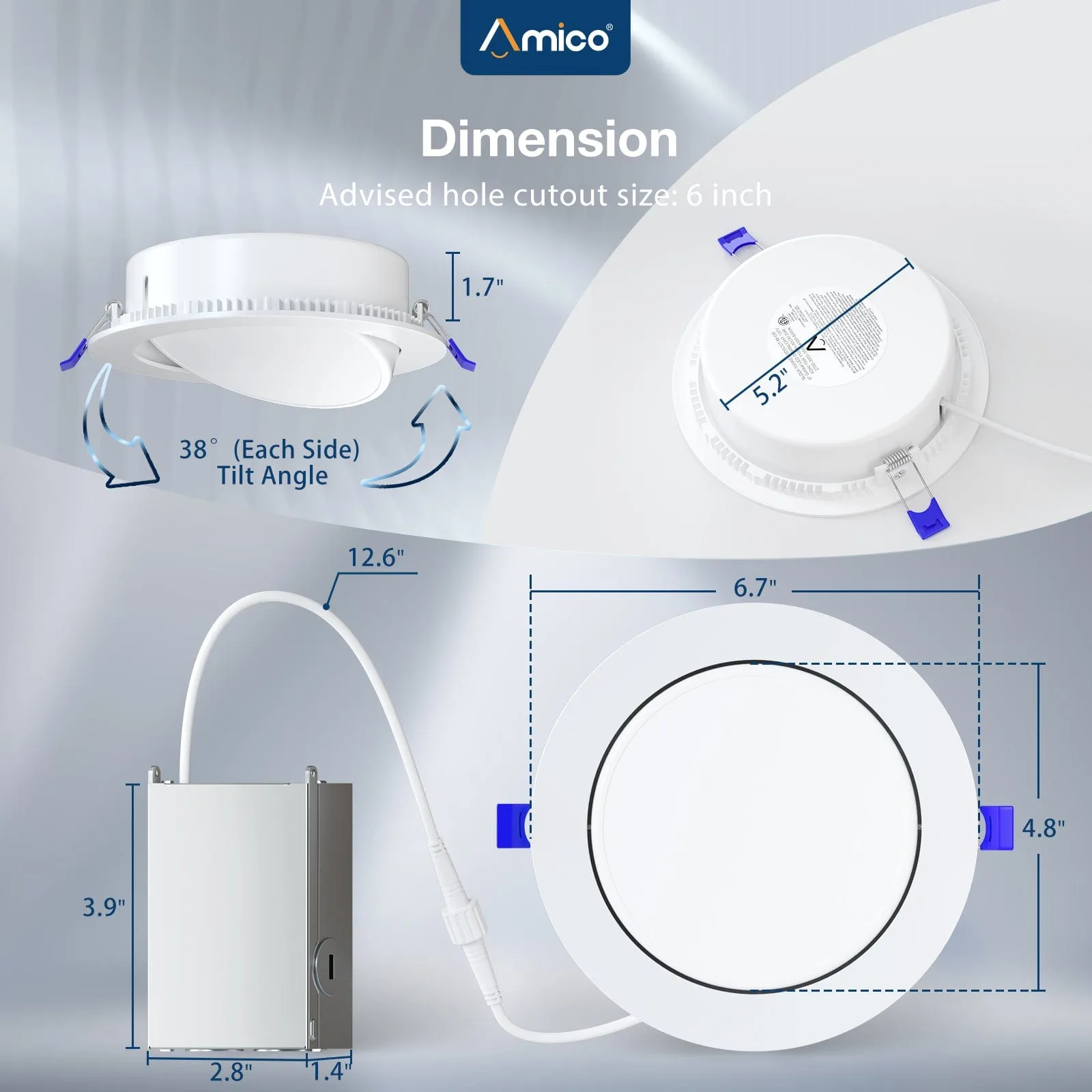 12 Pack Adjustable 6-Inch White Dimmable LED Gimbal Recessed DownLight with Junction Box, 5CCT, 2700K/3000K/3500K/4000K/5000K, 15W, 700LM