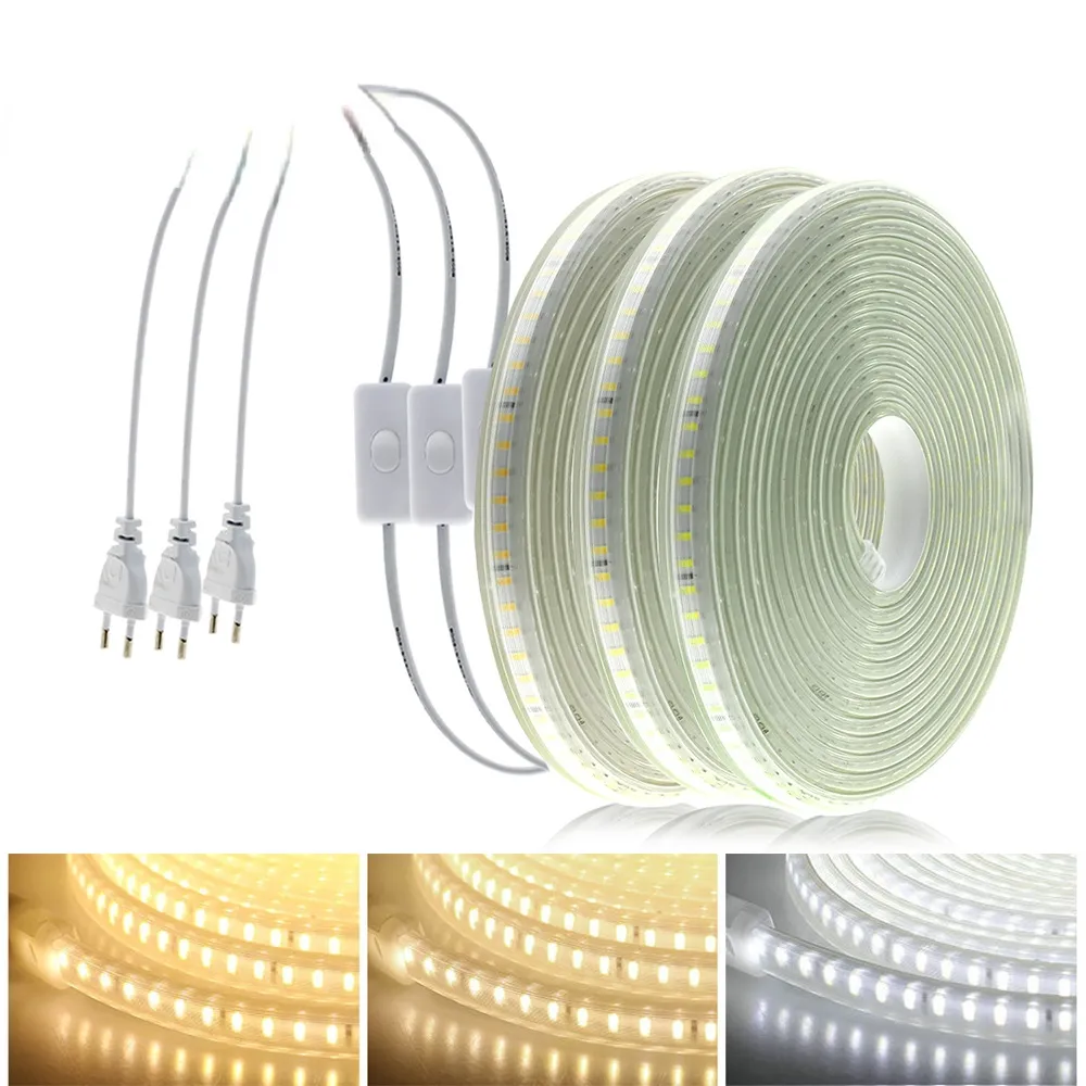 220V LED Strip 120LEDs 8W/m with EU Plug and Switch Not Dazzling Flexible LED Light Waterproof Outdoor Use LED Tape