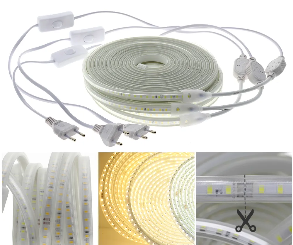 220V LED Strip 120LEDs 8W/m with EU Plug and Switch Not Dazzling Flexible LED Light Waterproof Outdoor Use LED Tape