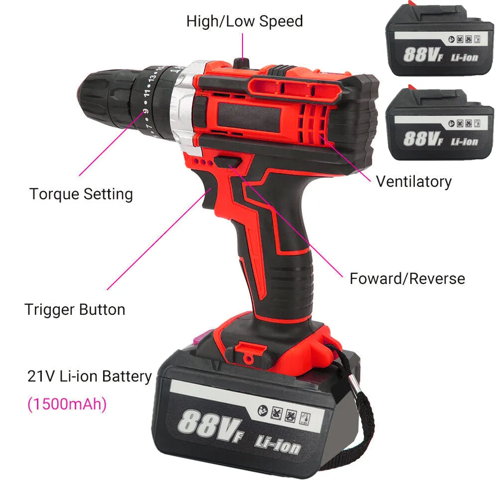 36V Cordless Drill w/ 2 Batteries, Brushless Hammer, 88V Impact Driver Kit