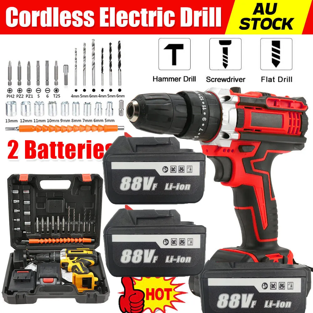 36V Cordless Drill w/ 2 Batteries, Brushless Hammer, 88V Impact Driver Kit