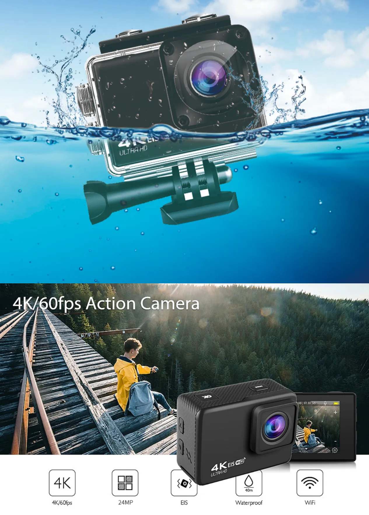 4K 60FPS HD Waterproof Wireless Sport Action Camera