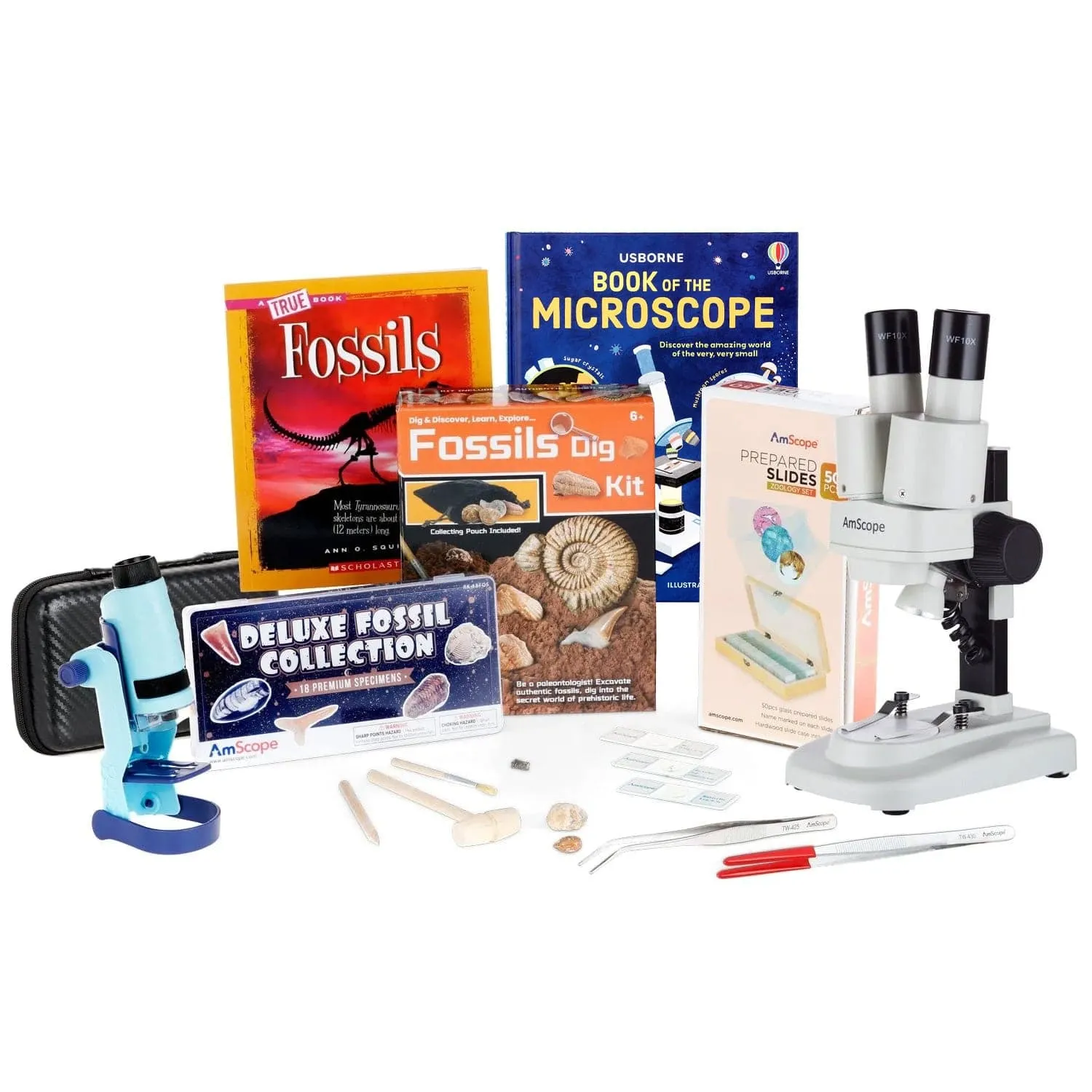 AmScope Kid's Fossil Explorer Series featuring 60X-120X Portable LED Handheld Microscope, Fossil Dig Kit, 18-Piece Premium Fossil Specimens and more