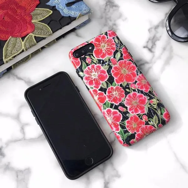 Black Hibiscus Rose Gold Chrome Floral iPhone Case