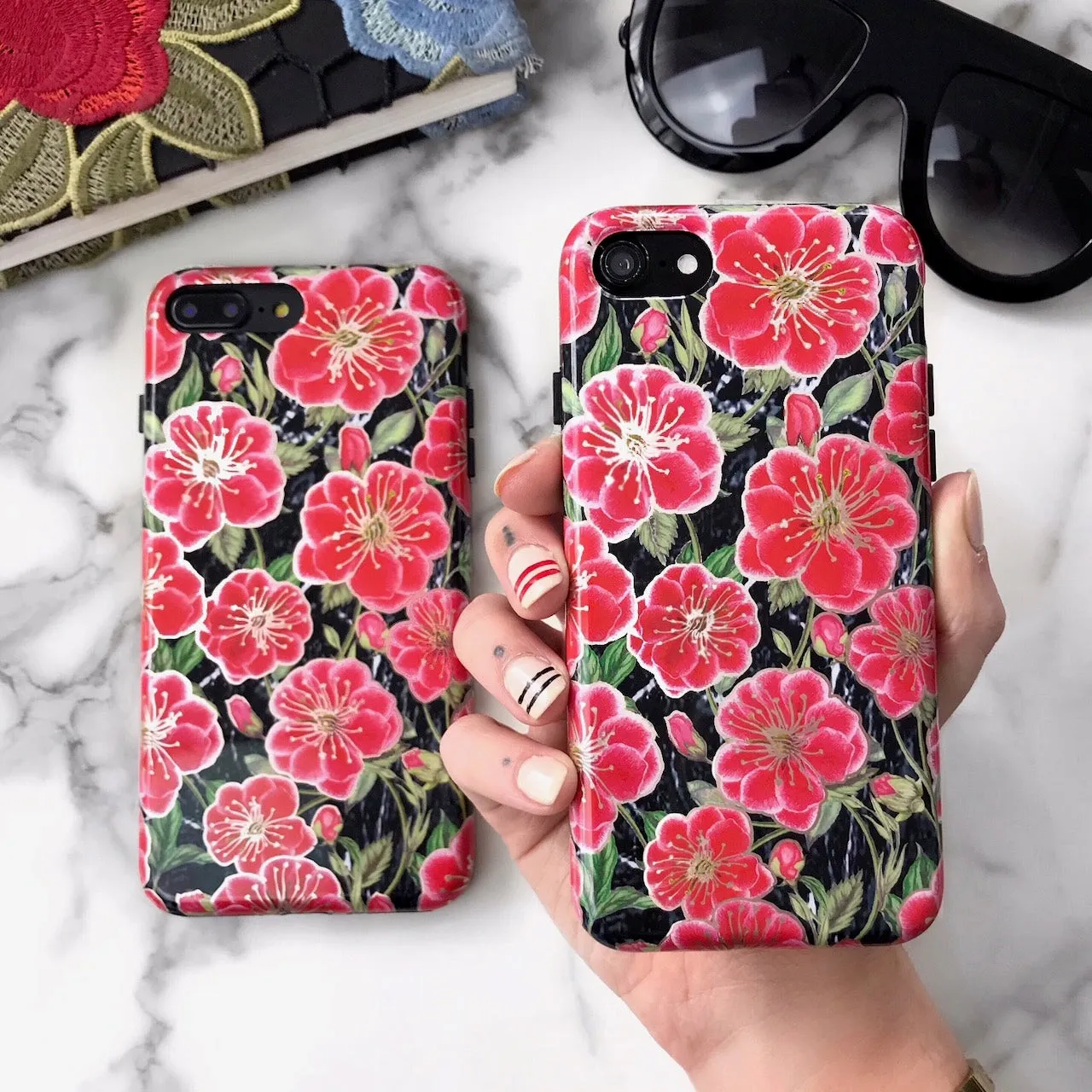 Black Hibiscus Rose Gold Chrome Floral iPhone Case