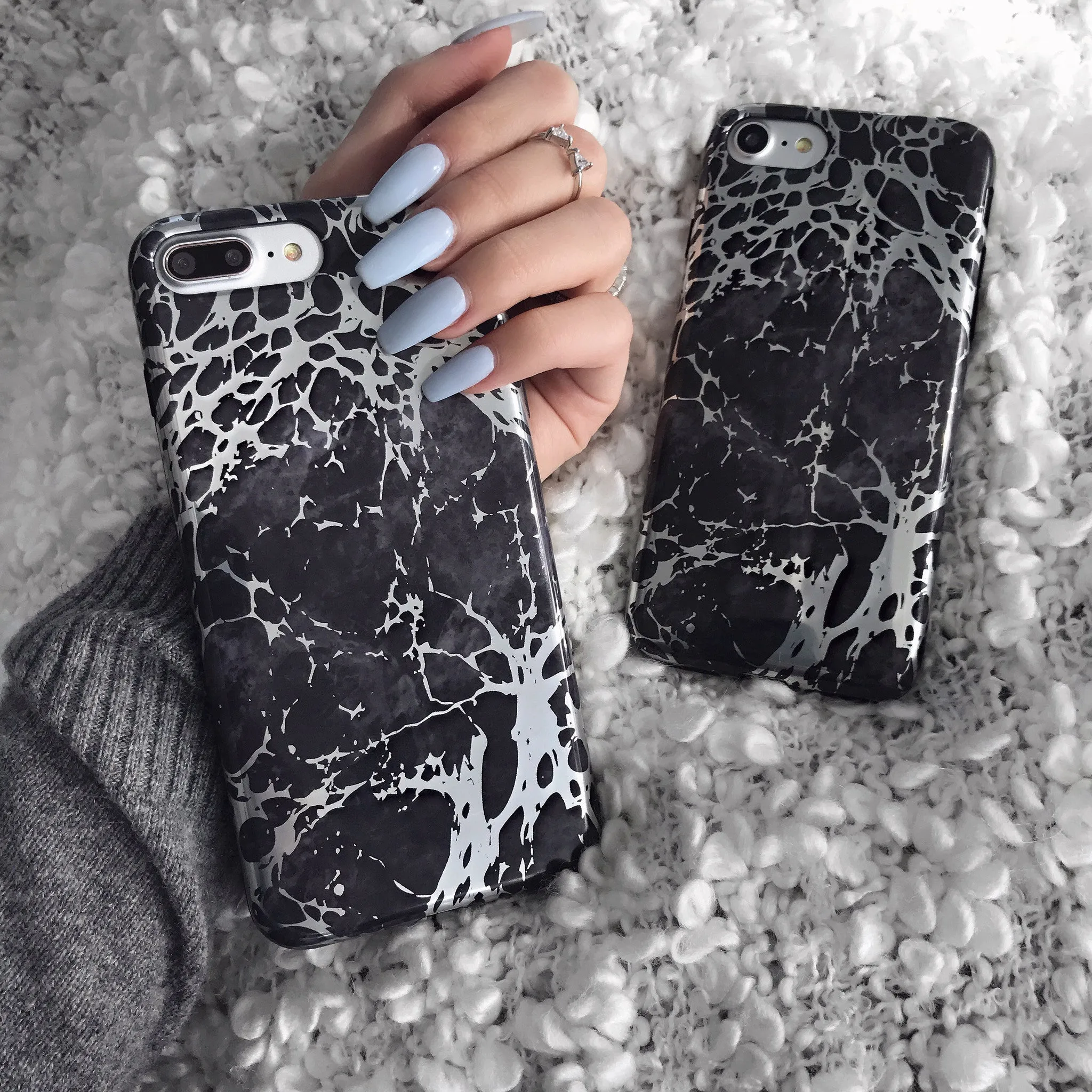 Black Marble Silver Chrome iPhone Case