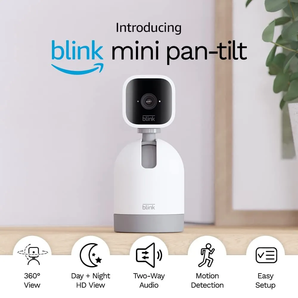 Blink Mini Pan-Tilt Camera | Rotating indoor plug-in pet security camera, two-way audio, HD video, motion detection, Alexa enabled, Blink Subscription Plan Free Trial (White)