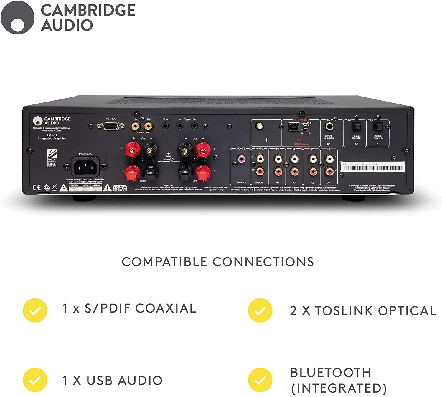 Cambridge Audio Stereo Two-Channel Amplifier with Bluetooth and Built-in DAC 60 Watts Per Channel Lunar Grey - Certified Refurbished