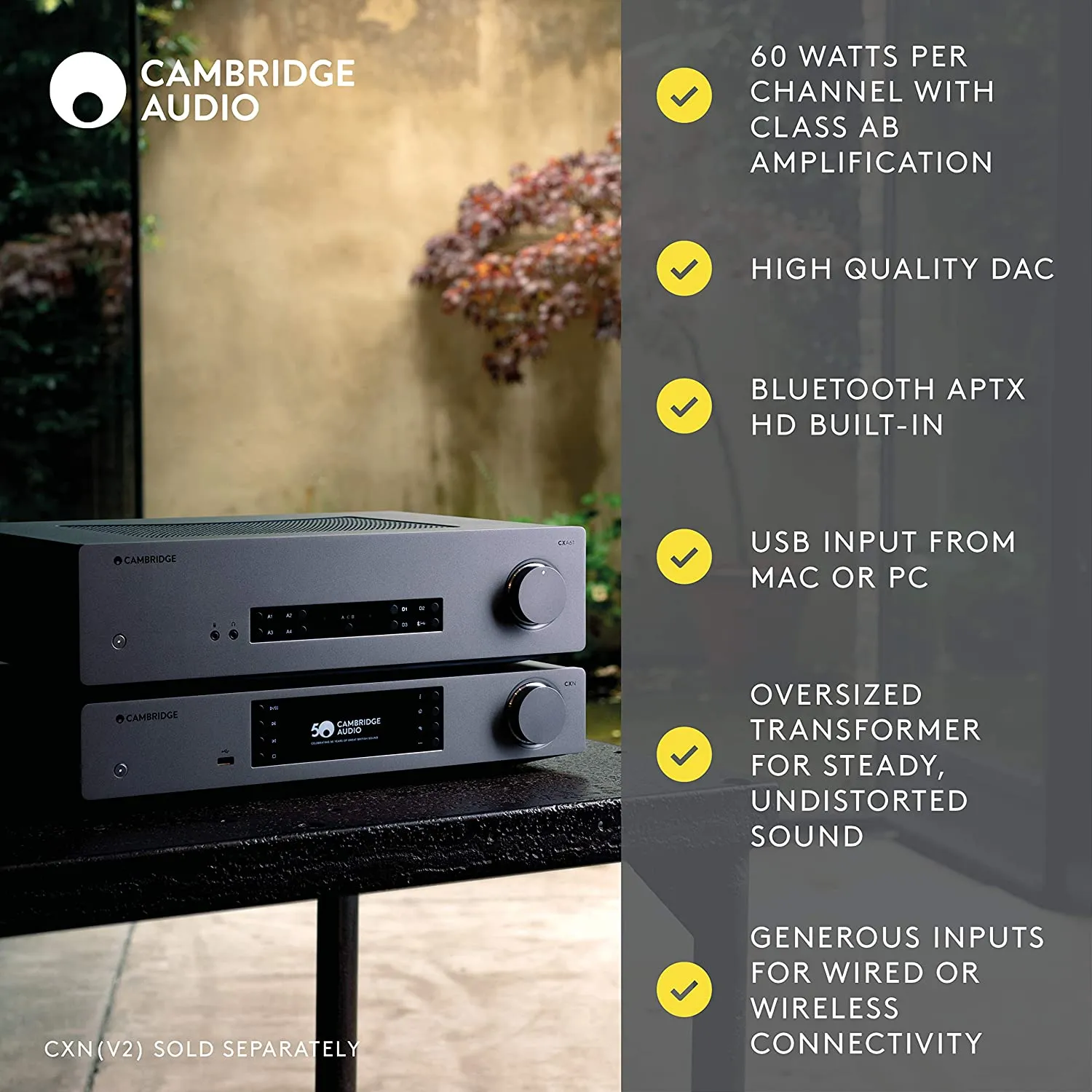 Cambridge Audio Stereo Two-Channel Amplifier with Bluetooth and Built-in DAC 60 Watts Per Channel Lunar Grey - Certified Refurbished