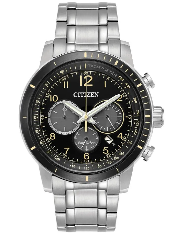 Citizen Eco-Drive Mens Chronograph - Black Dial - Bracelet - Date - 100m