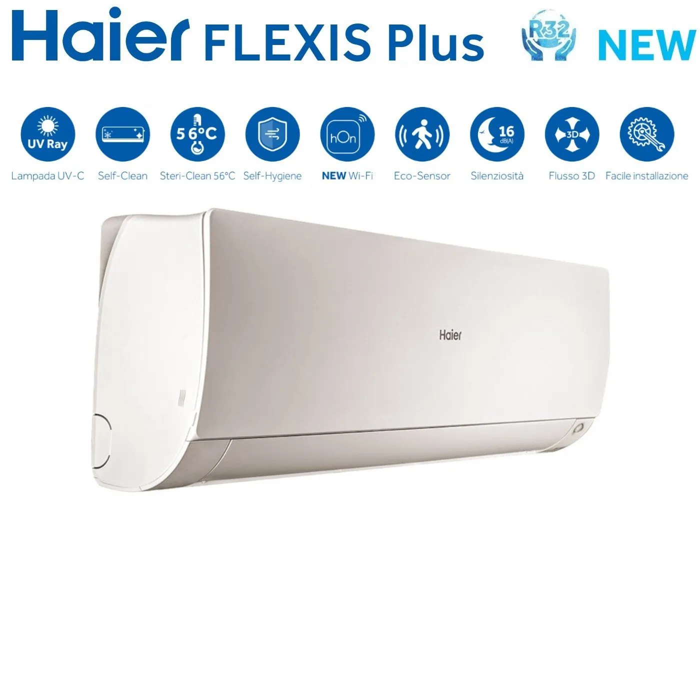 Climatizzatore Condizionatore Haier Dual Split Inverter serie FLEXIS PLUS WHITE 7 9 con 2U40S2SM1FA R-32 Wi-Fi Integrato Colore Bianco 7000 9000