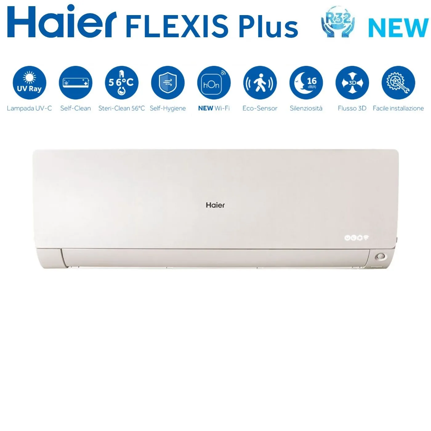 Climatizzatore Condizionatore Haier Dual Split Inverter serie FLEXIS PLUS WHITE 7 9 con 2U40S2SM1FA R-32 Wi-Fi Integrato Colore Bianco 7000 9000