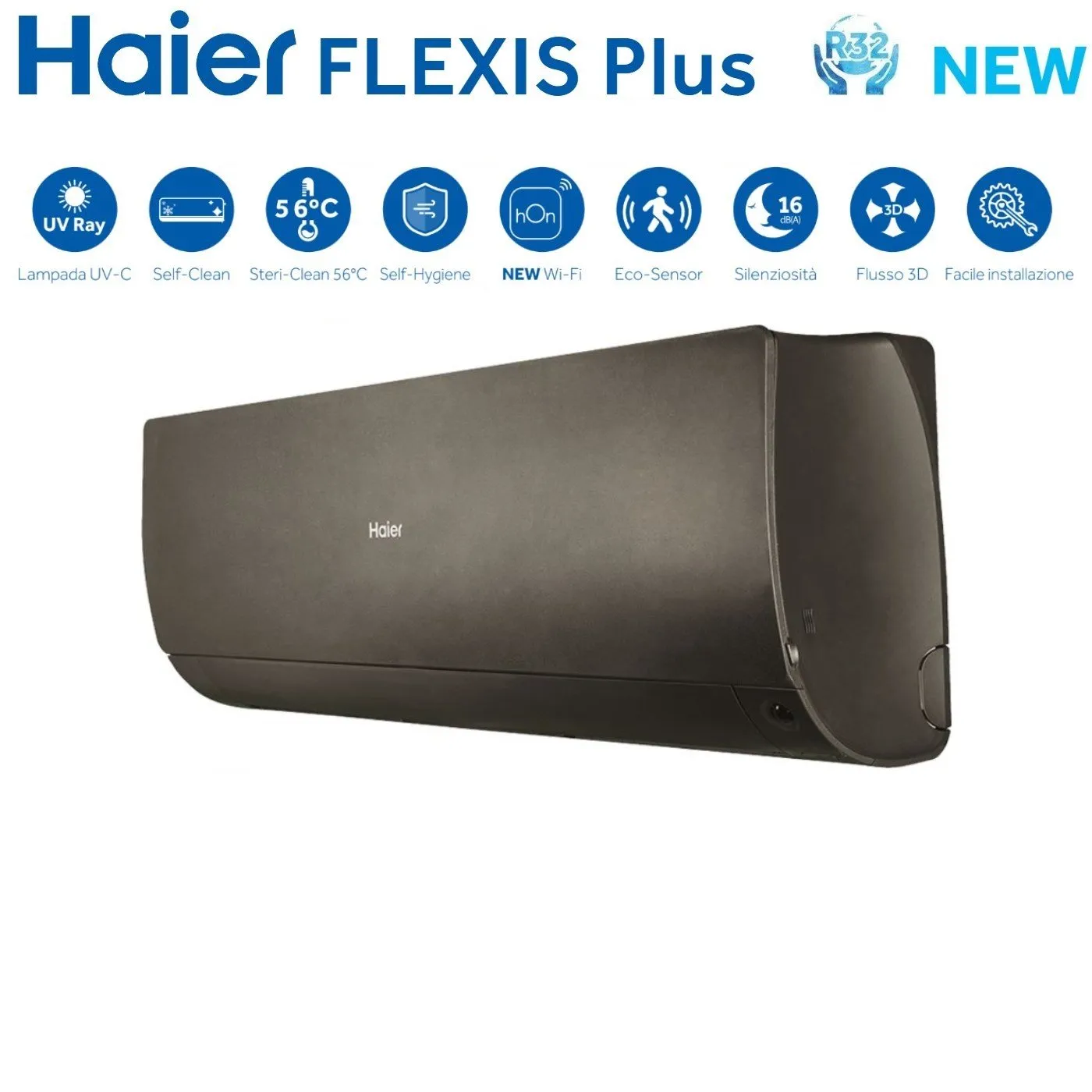 Climatizzatore Condizionatore Haier Quadri Split Inverter serie FLEXIS PLUS BLACK 7 9 9 12 con 4U85S2SR3FA R-32 Wi-Fi Integrato Colore Nero 7000 9000 9000 12000