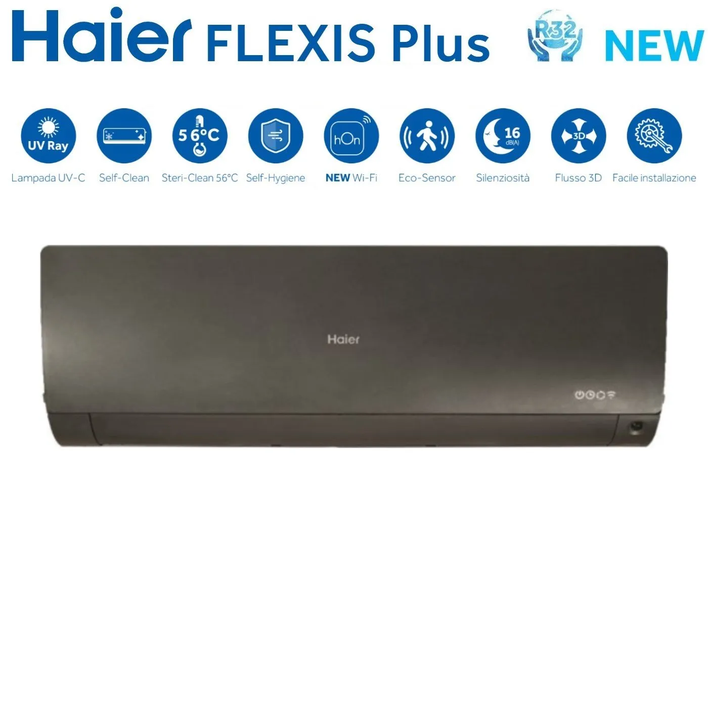 Climatizzatore Condizionatore Haier Quadri Split Inverter serie FLEXIS PLUS BLACK 7 9 9 12 con 4U85S2SR3FA R-32 Wi-Fi Integrato Colore Nero 7000 9000 9000 12000