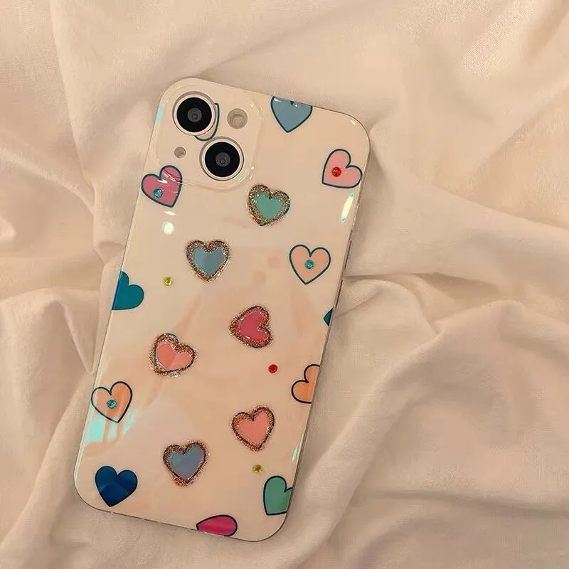 Cute Glossy Pearlescent Colorful Glitter Heart Doodles Drawing Design Protective Shockproof iPhone Case for iPhone 11 12 13 14 15 Pro Max