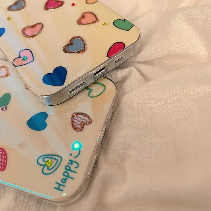 Cute Glossy Pearlescent Colorful Glitter Heart Doodles Drawing Design Protective Shockproof iPhone Case for iPhone 11 12 13 14 15 Pro Max