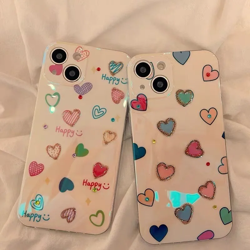 Cute Glossy Pearlescent Colorful Glitter Heart Doodles Drawing Design Protective Shockproof iPhone Case for iPhone 11 12 13 14 15 Pro Max