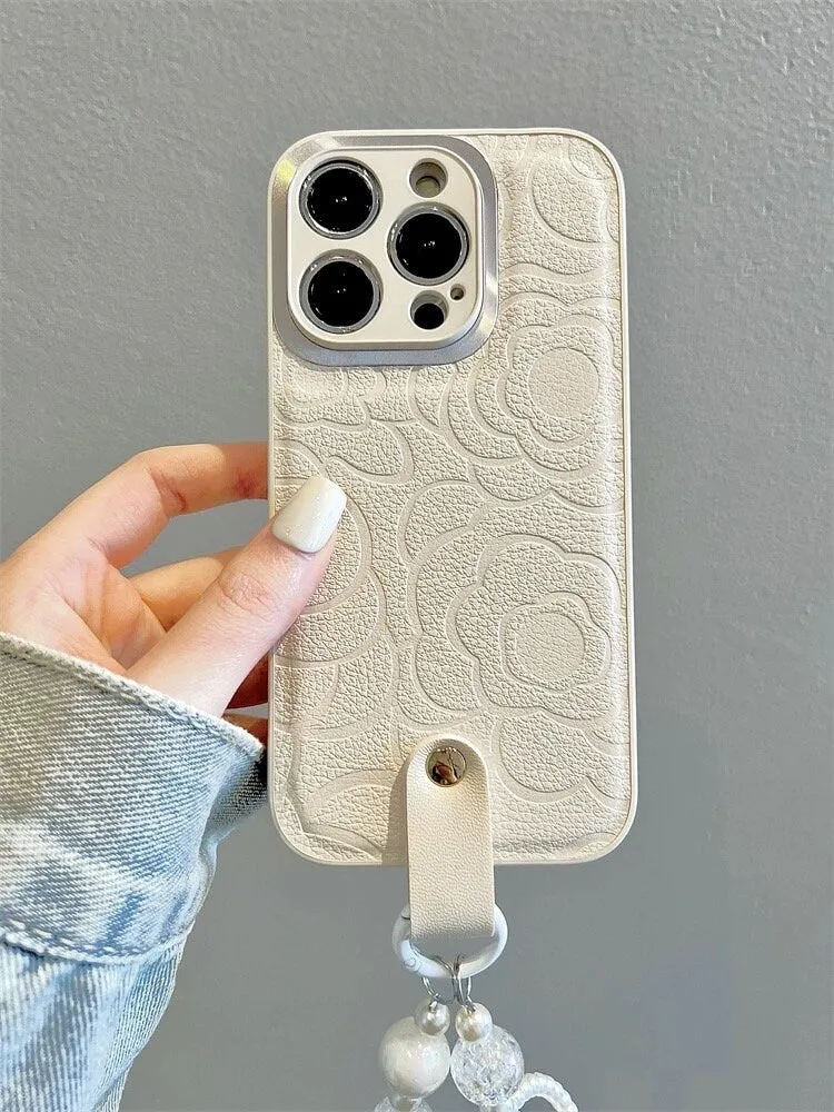 Cute Minimalist White Floral Flowers Pattern Design Protective Shockproof Phone Case   White Pearl Strap for iPhone 11 12 13 14 15 Pro Max