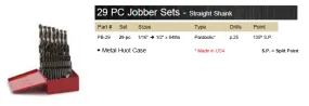 DRILL BIT SET JOBBER PARABOLIC 135° 29 PIECE WITH METAL CASE