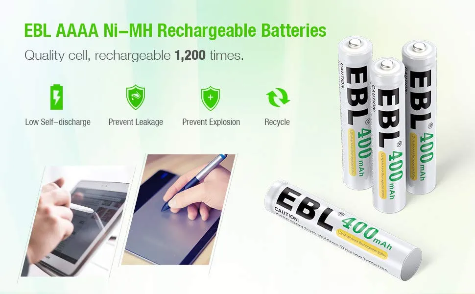 EBL TB-4A40 1.2V AAAA 400mAh Ni-MH Nickel Metal Hydride Rechargeable Battery with Environmentally-Friendly Construction, Low Self Discharge, and Included Storage Case for Portable and Emergency Electronics (Pack of 4)