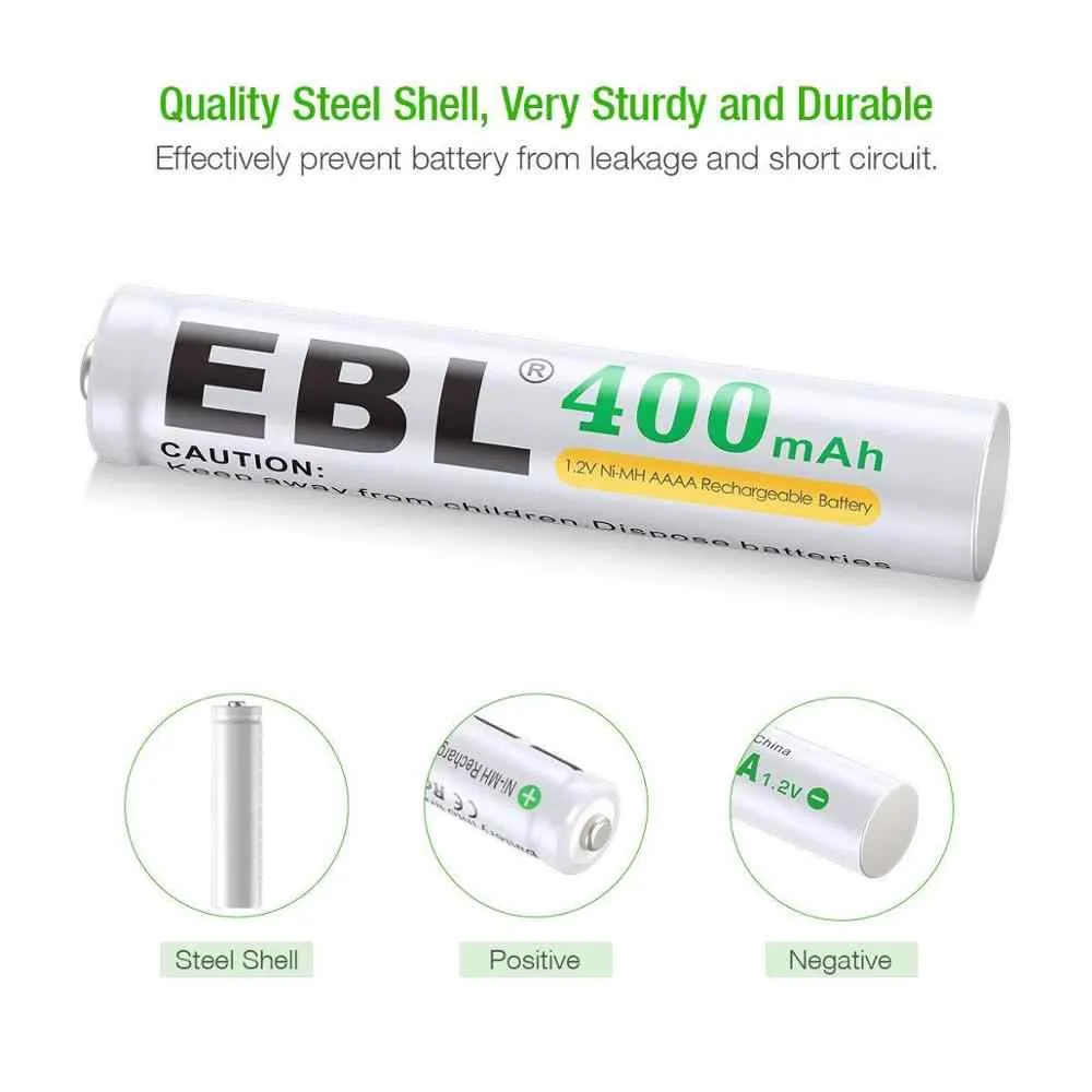 EBL TB-4A40 1.2V AAAA 400mAh Ni-MH Nickel Metal Hydride Rechargeable Battery with Environmentally-Friendly Construction, Low Self Discharge, and Included Storage Case for Portable and Emergency Electronics (Pack of 4)