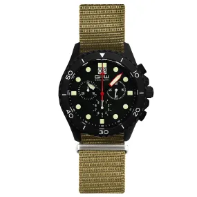 German Military Black Titanium Chronograph. GPW Mission Chrono. Big Date. 10 BAR W/R. Sapphire Crystal. Green Nylon Strap.