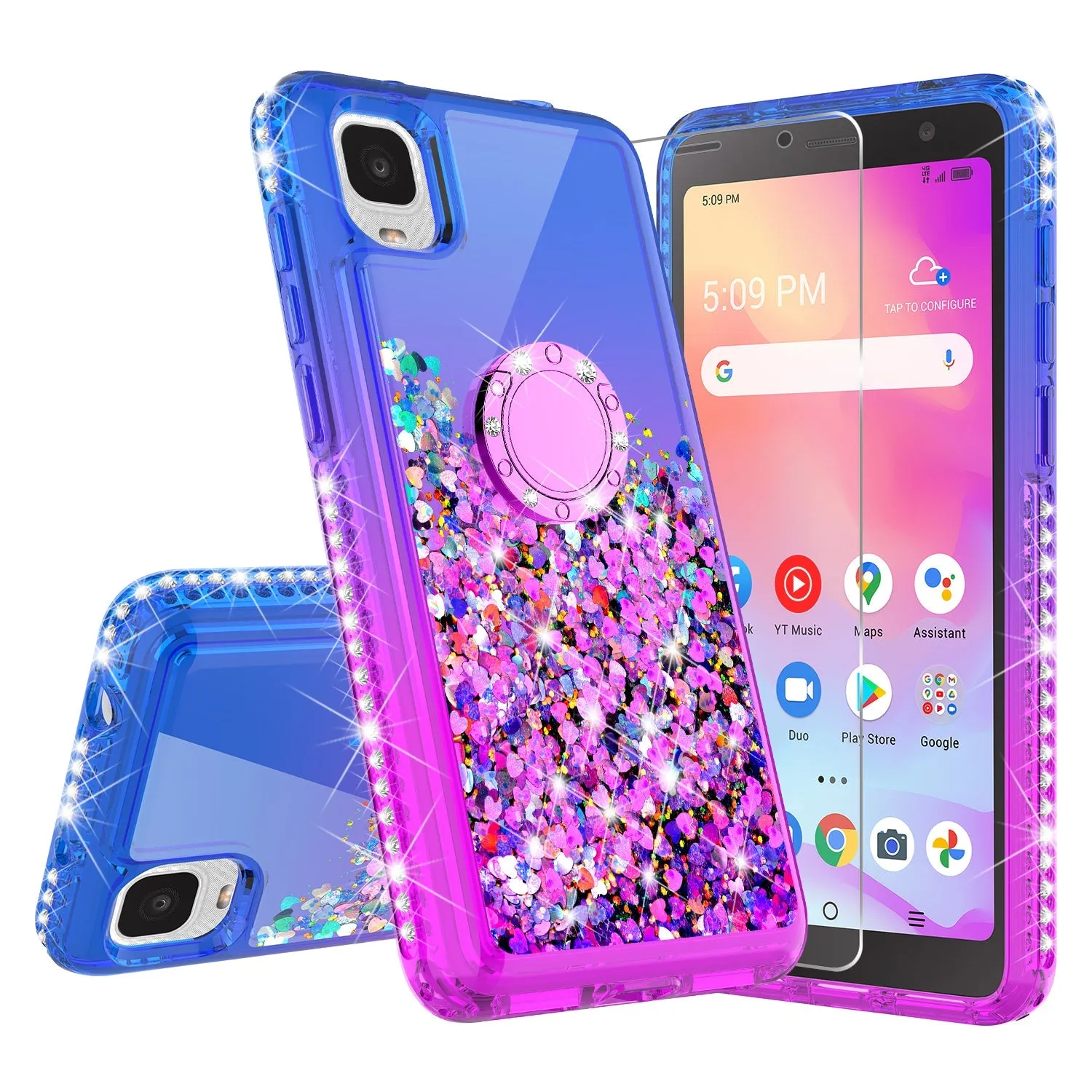 Glitter Phone Case Kickstand Compatible for TCL Ion Z/A3/A30 Case, TCL Ion Z/A3/A30 Case,Ring Stand Liquid Floating Quicksand Bling Sparkle Protective Girls Women for TCL Ion Z/A3/A30W/Temper Glass - (Blue/Purple Gradient)