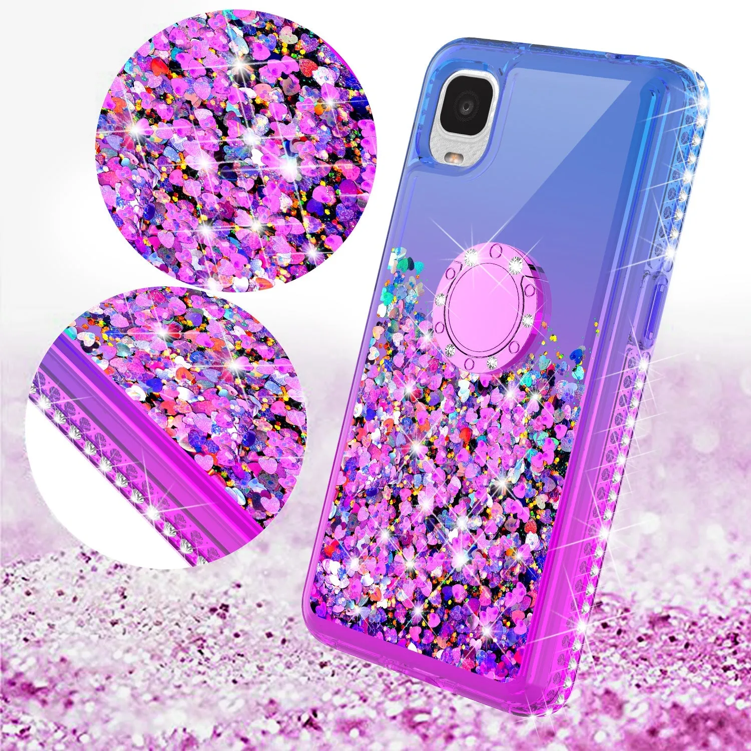 Glitter Phone Case Kickstand Compatible for TCL Ion Z/A3/A30 Case, TCL Ion Z/A3/A30 Case,Ring Stand Liquid Floating Quicksand Bling Sparkle Protective Girls Women for TCL Ion Z/A3/A30W/Temper Glass - (Blue/Purple Gradient)