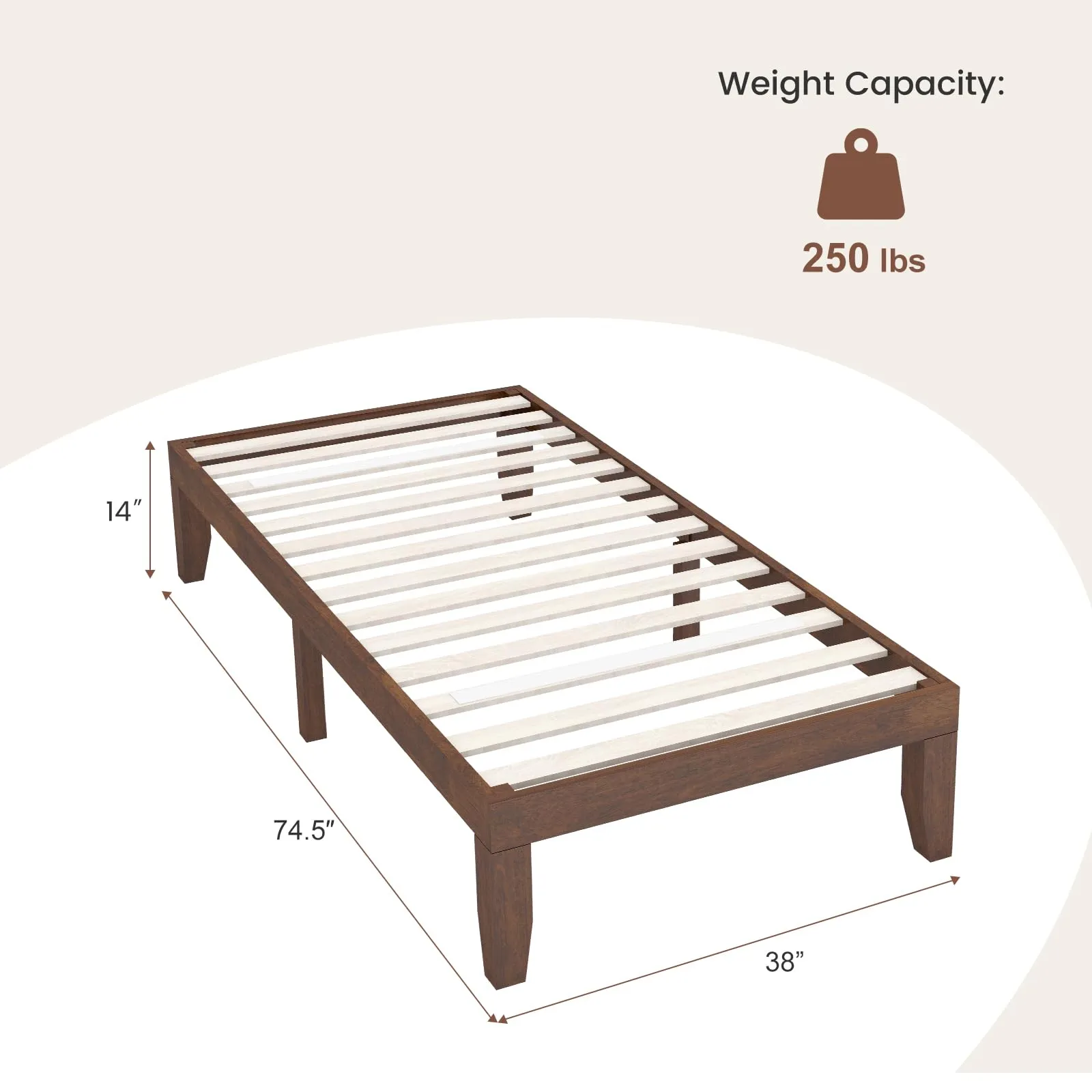 KOMFOTT 14 Inches Wood Platform Bed Frame, Solid Wood Mattress Foundation with Rubber Wood Frame