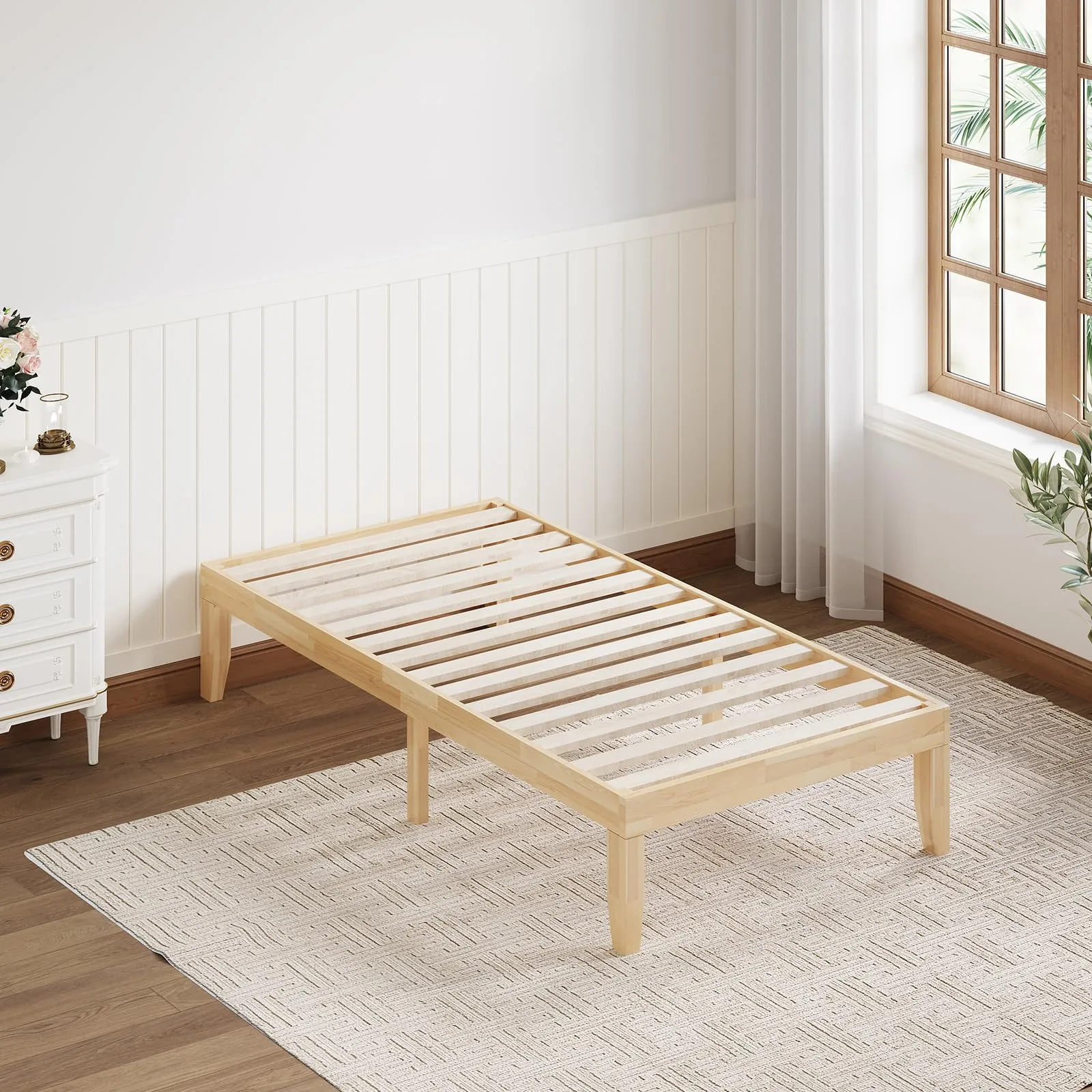 KOMFOTT 14 Inches Wood Platform Bed Frame, Solid Wood Mattress Foundation with Rubber Wood Frame