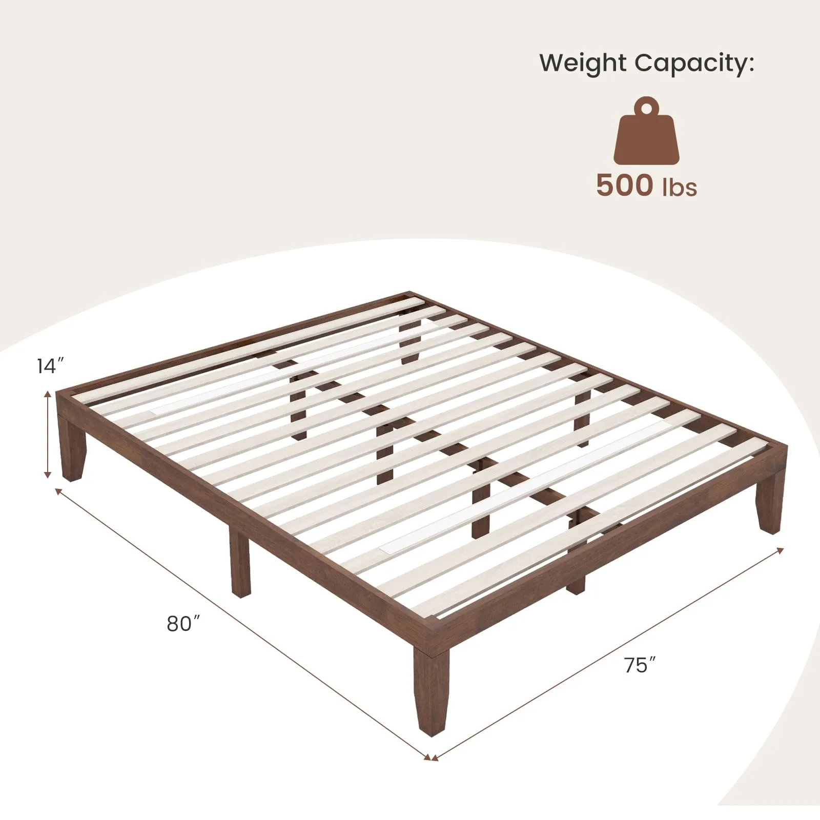 KOMFOTT 14 Inches Wood Platform Bed Frame, Solid Wood Mattress Foundation with Rubber Wood Frame