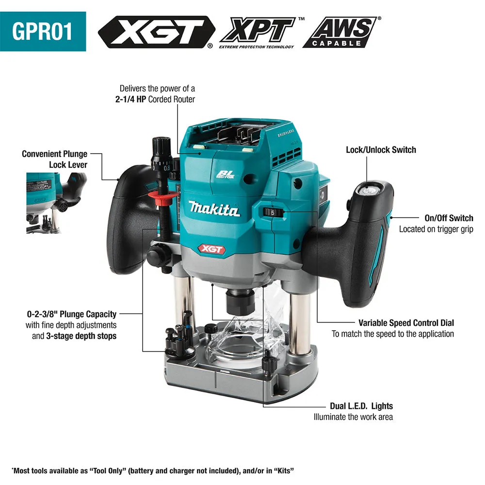 Makita GPR01Z 40V max XGT Brushless 2-1/4 Maximum HP Plunge Router - Bare Tool