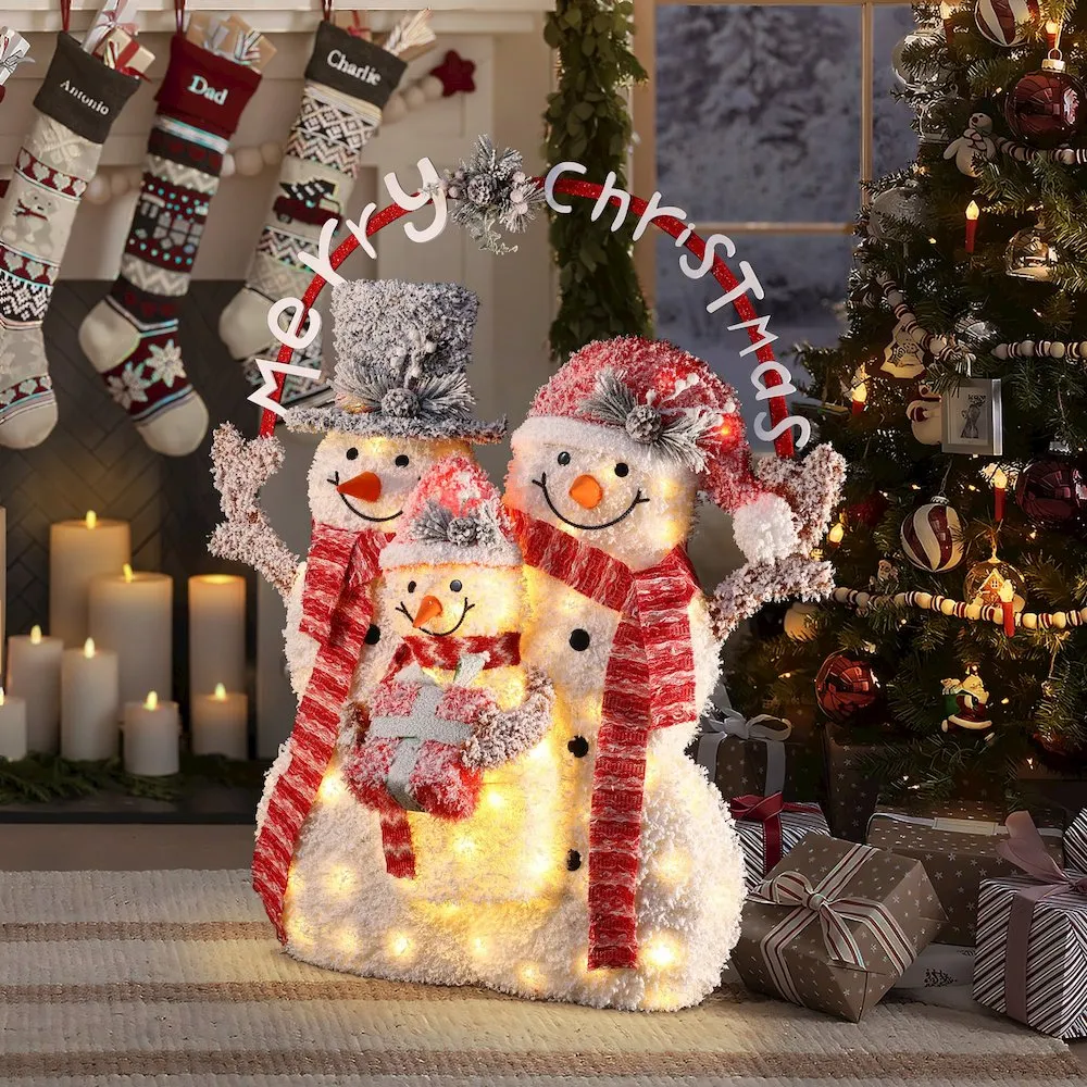 Merry Christmas Snowman Trio Holiday Decoration with Battery-Operated Lights