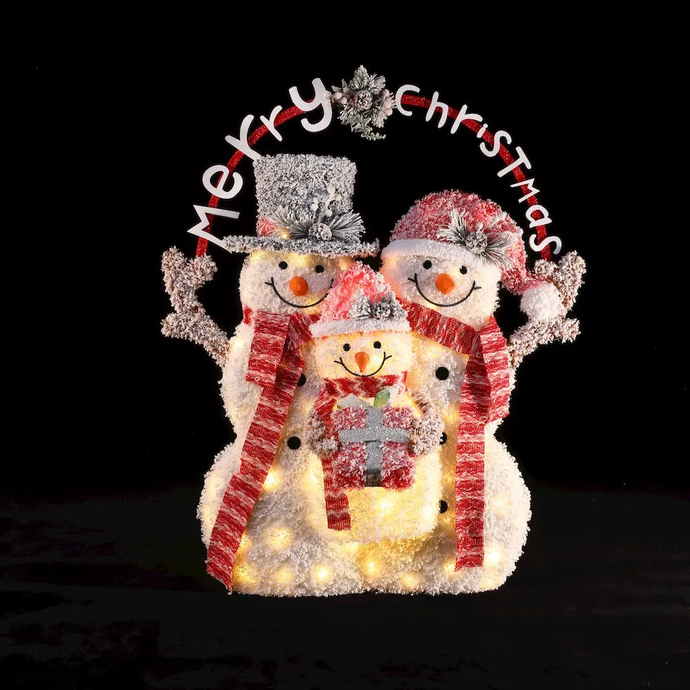 Merry Christmas Snowman Trio Holiday Decoration with Battery-Operated Lights