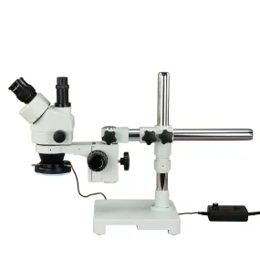 OMAX 7X-45X Zoom Stereo Microscope on Single Bar Boom Stand 144-LED Ring Light