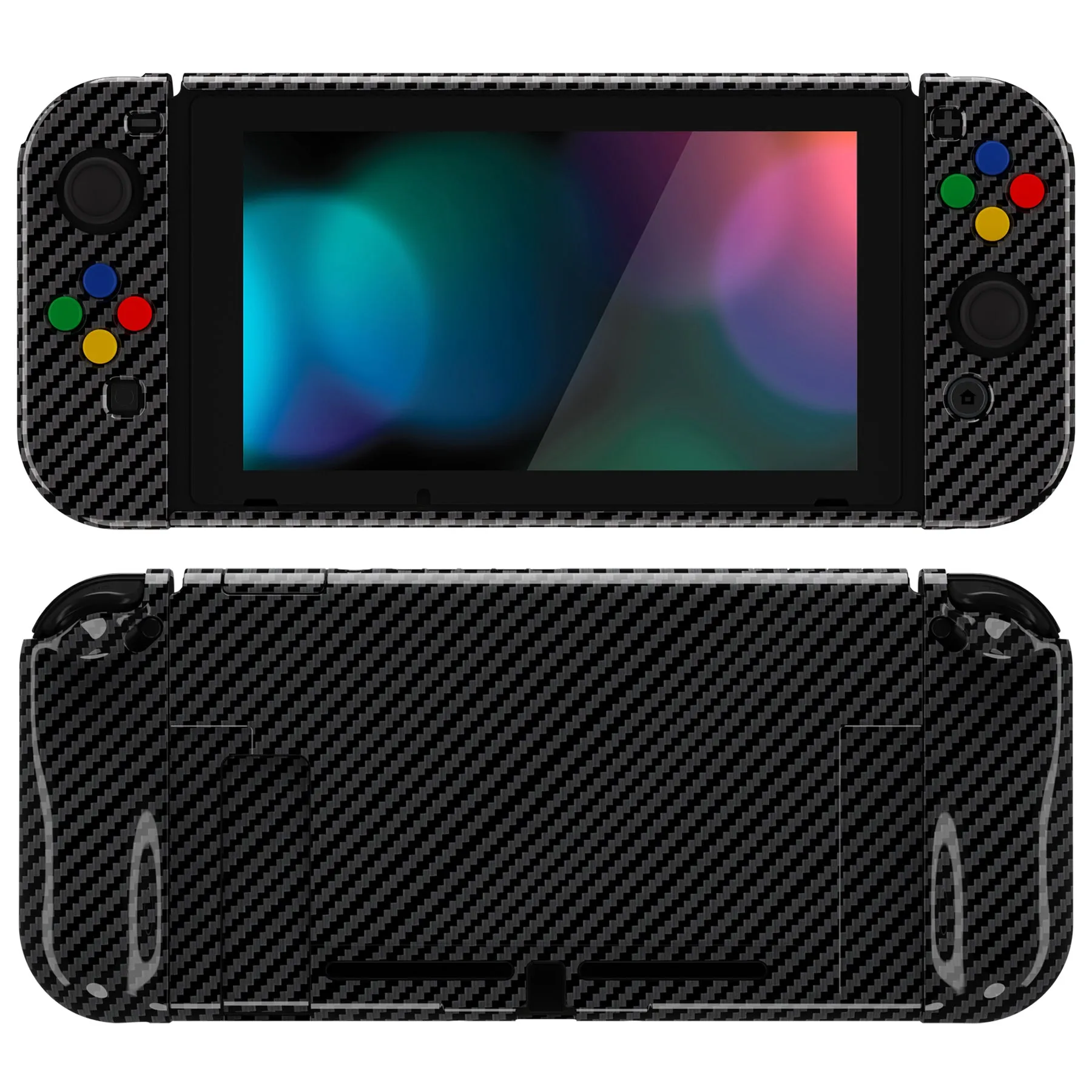 PlayVital AlterGrips Dockable Protective Case Ergonomic Grip Cover for Nintendo Switch, Interchangeable Joycon Cover w/Screen Protector & Thumb Grip Caps & Button Caps - Graphite Carbon Fiber - TNSYS2002