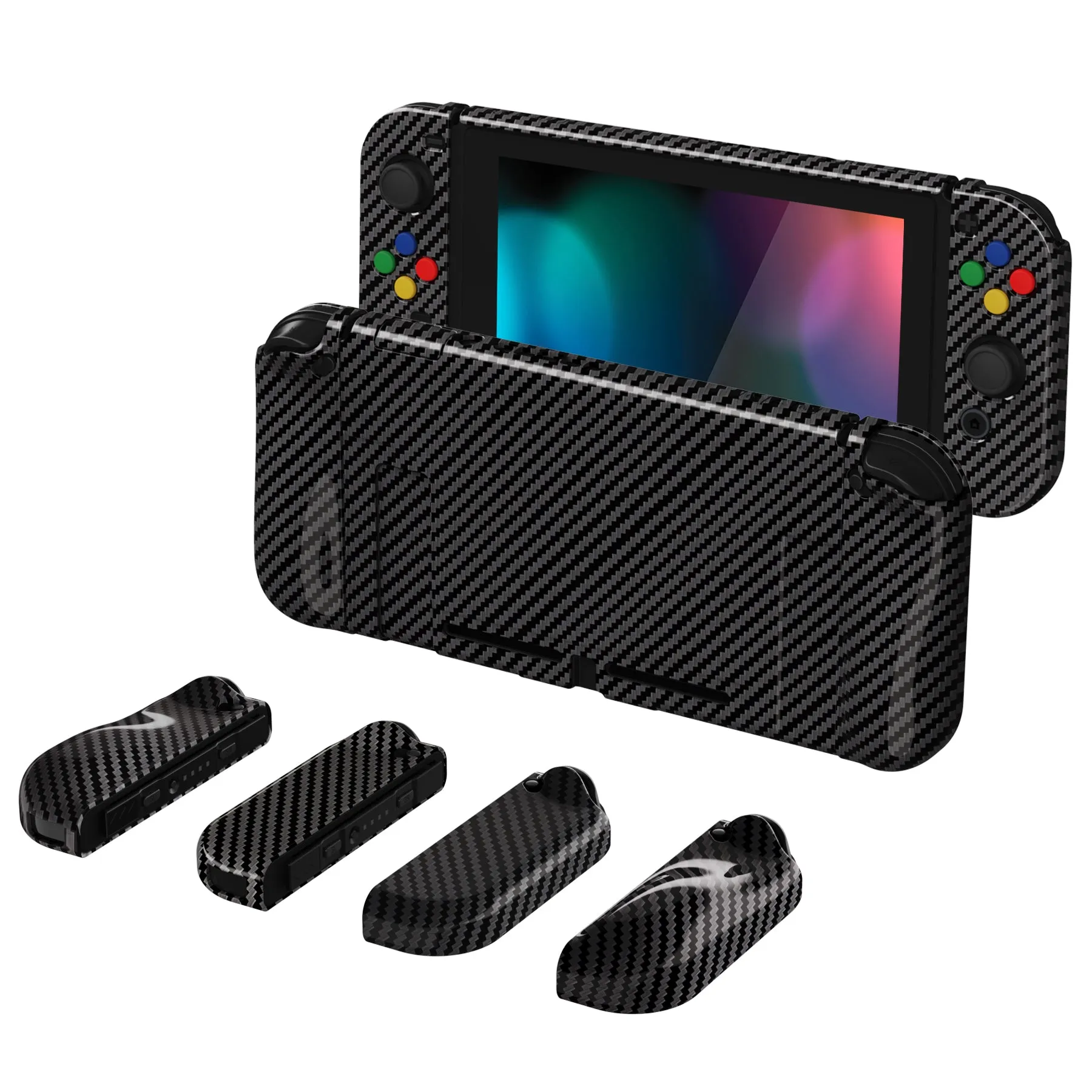 PlayVital AlterGrips Dockable Protective Case Ergonomic Grip Cover for Nintendo Switch, Interchangeable Joycon Cover w/Screen Protector & Thumb Grip Caps & Button Caps - Graphite Carbon Fiber - TNSYS2002