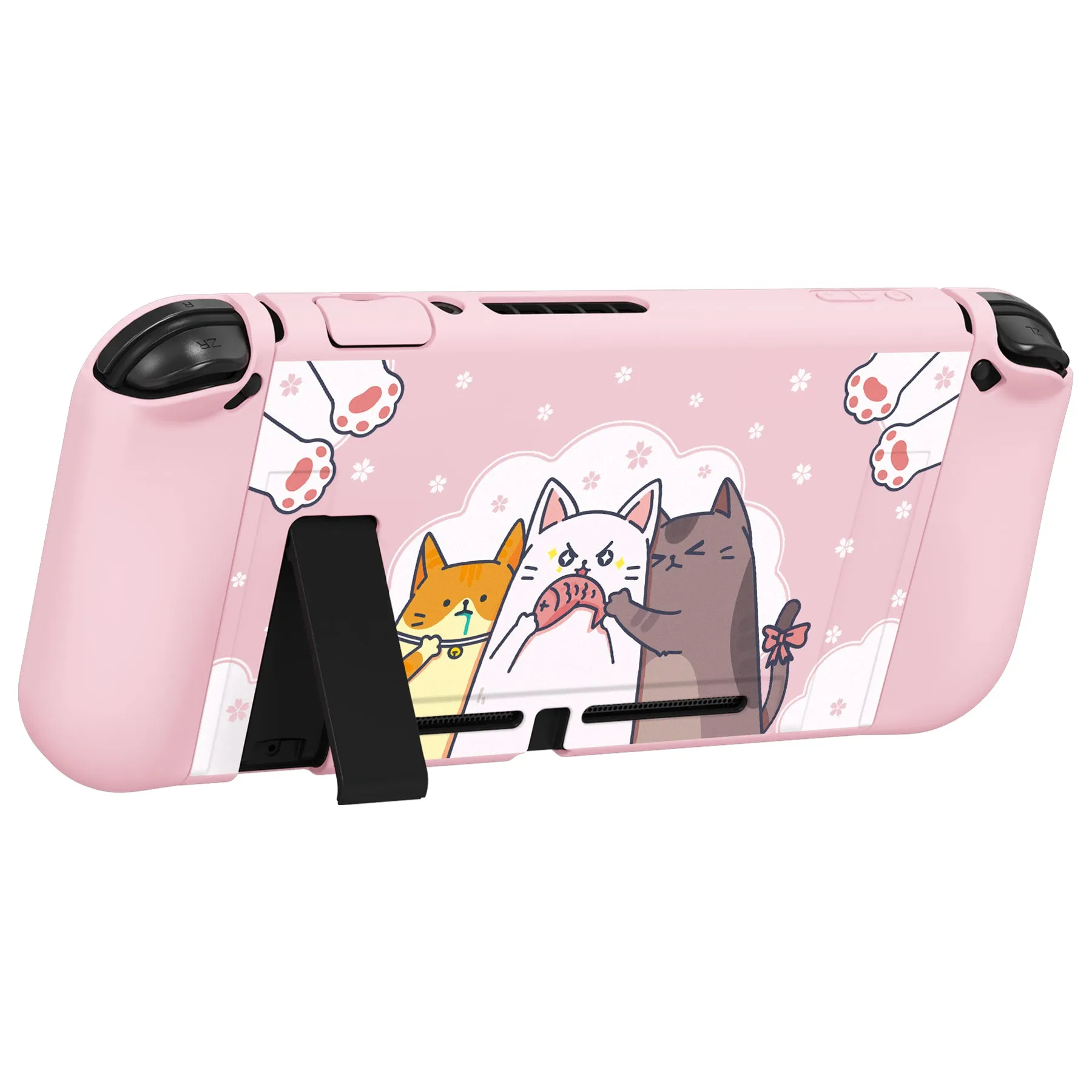 PlayVital ZealProtect Soft Protective Case for Nintendo Switch, Flexible Cover for Switch with Tempered Glass Screen Protector & Thumb Grips & ABXY Direction Button Caps - Hungry Kitties - RNSYV6044