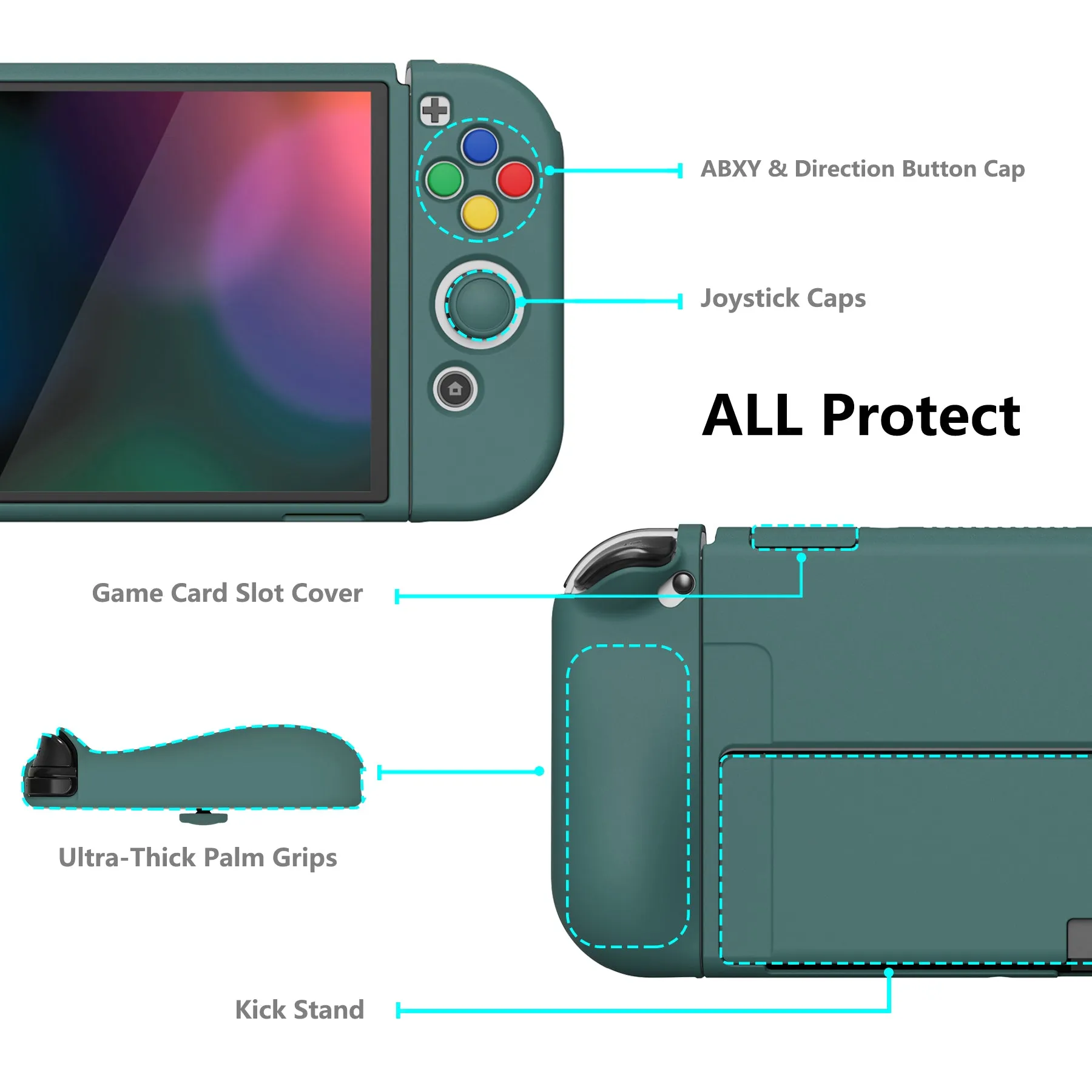 PlayVital ZealProtect Soft Protective Case for Nintendo Switch OLED, Flexible Protector Joycon Grip Cover for Nintendo Switch OLED with Thumb Grip Caps & ABXY Direction Button Caps - Hunter Green - XSOYM5007