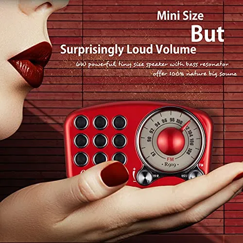 Retro Vintage FM Radio Bluetooth 4.2 Wireless Speaker w/Volume & Bass Enhancement, Pink or Red