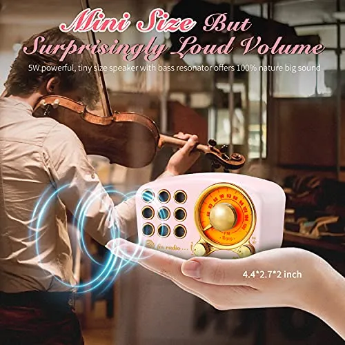 Retro Vintage FM Radio Bluetooth 4.2 Wireless Speaker w/Volume & Bass Enhancement, Pink or Red