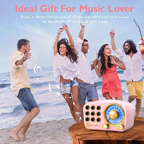 Retro Vintage FM Radio Bluetooth 4.2 Wireless Speaker w/Volume & Bass Enhancement, Pink or Red