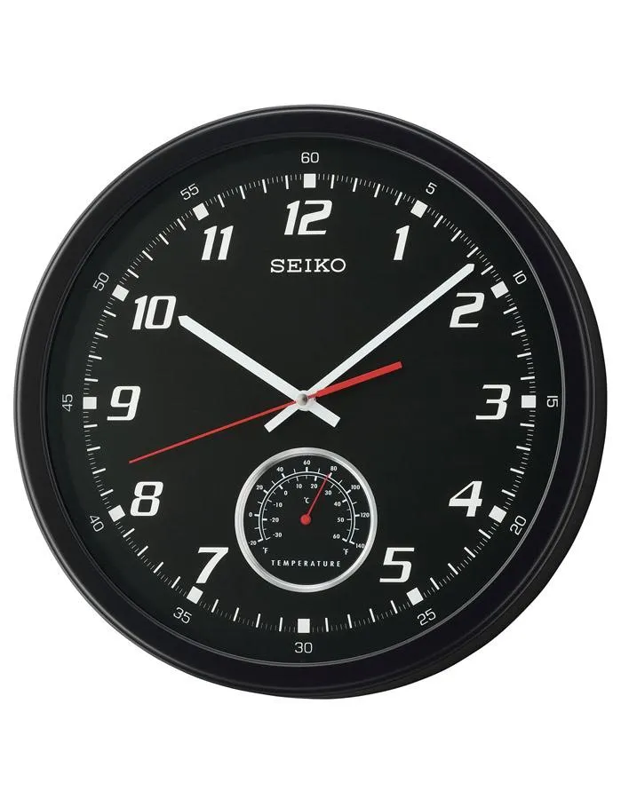 Seiko Wall Clock - Black Case & Dial - Thermometer - Quiet Sweep Second Hand