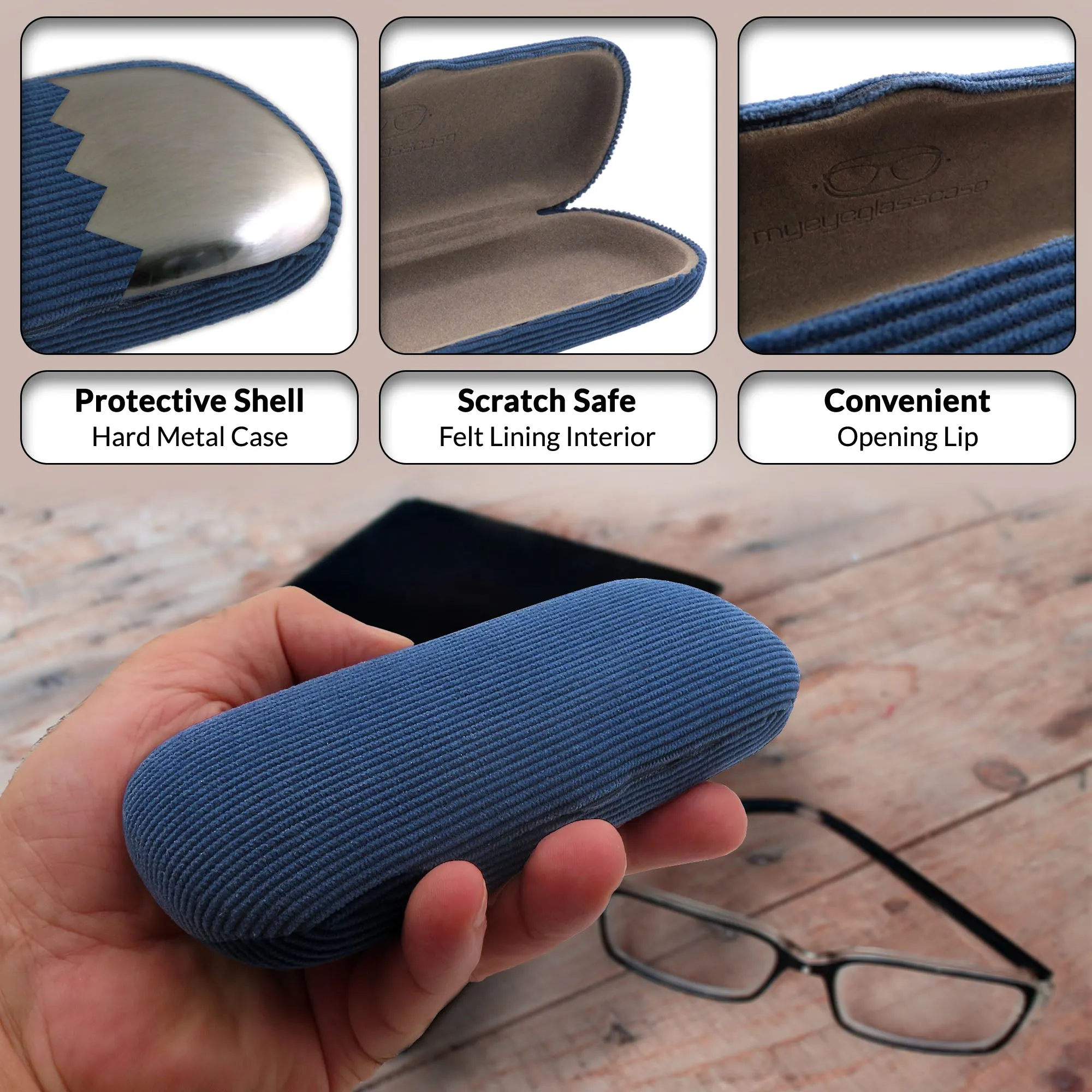 Small Hard Eyeglass Case, Reading Glasses Case w/ Drawstring Pouch & Cleaning Cloth ( S5 Corduroy Blue)