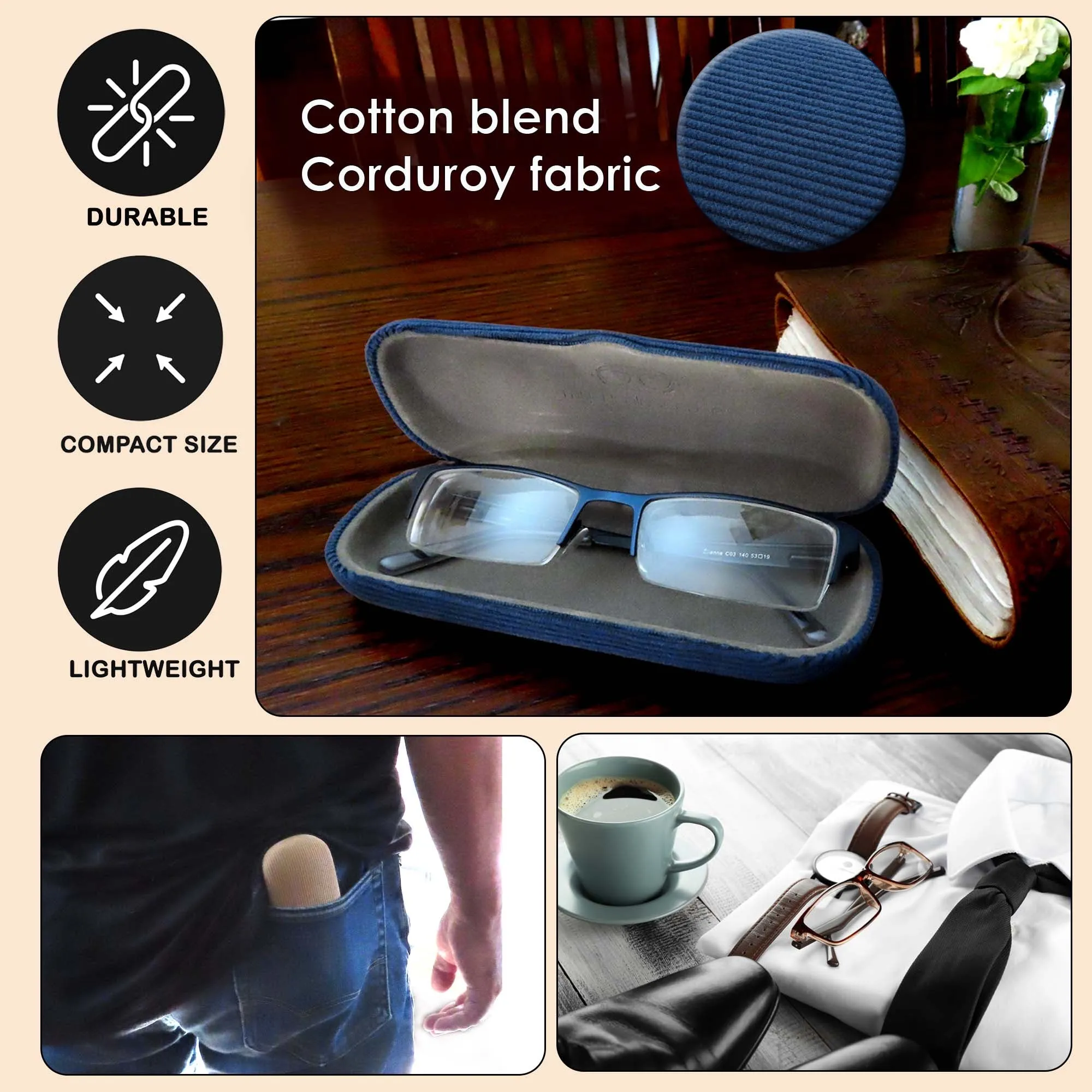 Small Hard Eyeglass Case, Reading Glasses Case w/ Drawstring Pouch & Cleaning Cloth ( S5 Corduroy Blue)