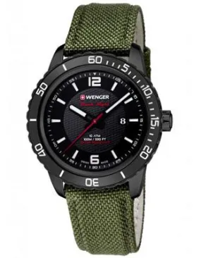 Wenger Mens Roadster Black Night - Black PVD Case - Green Nylon Strap