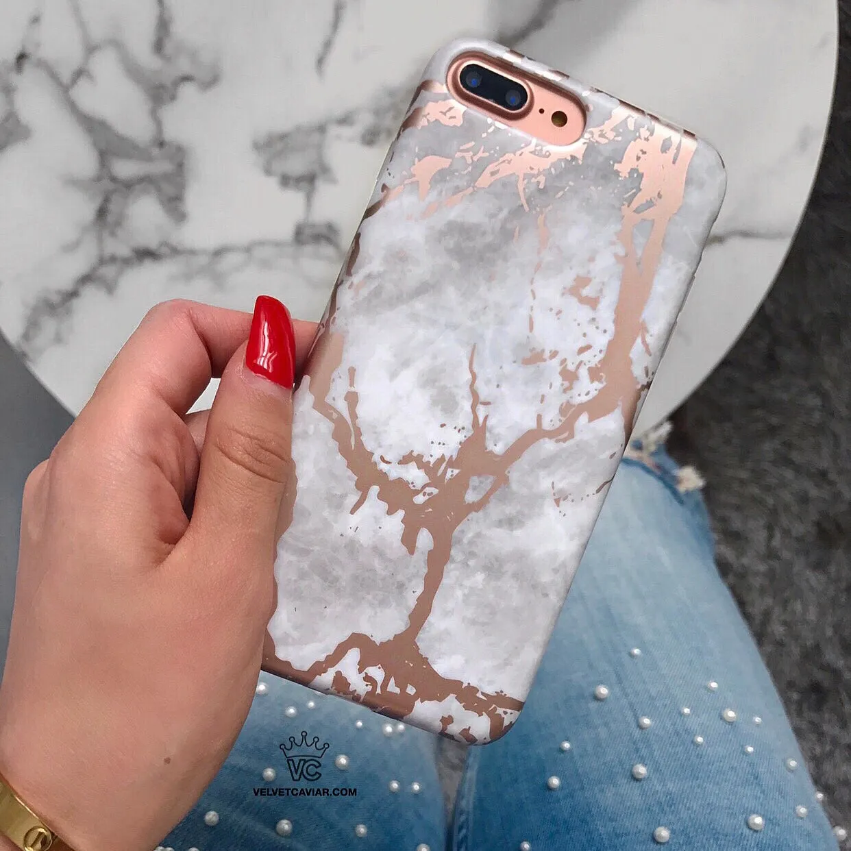 White Marble Rose Gold Chrome iPhone Case