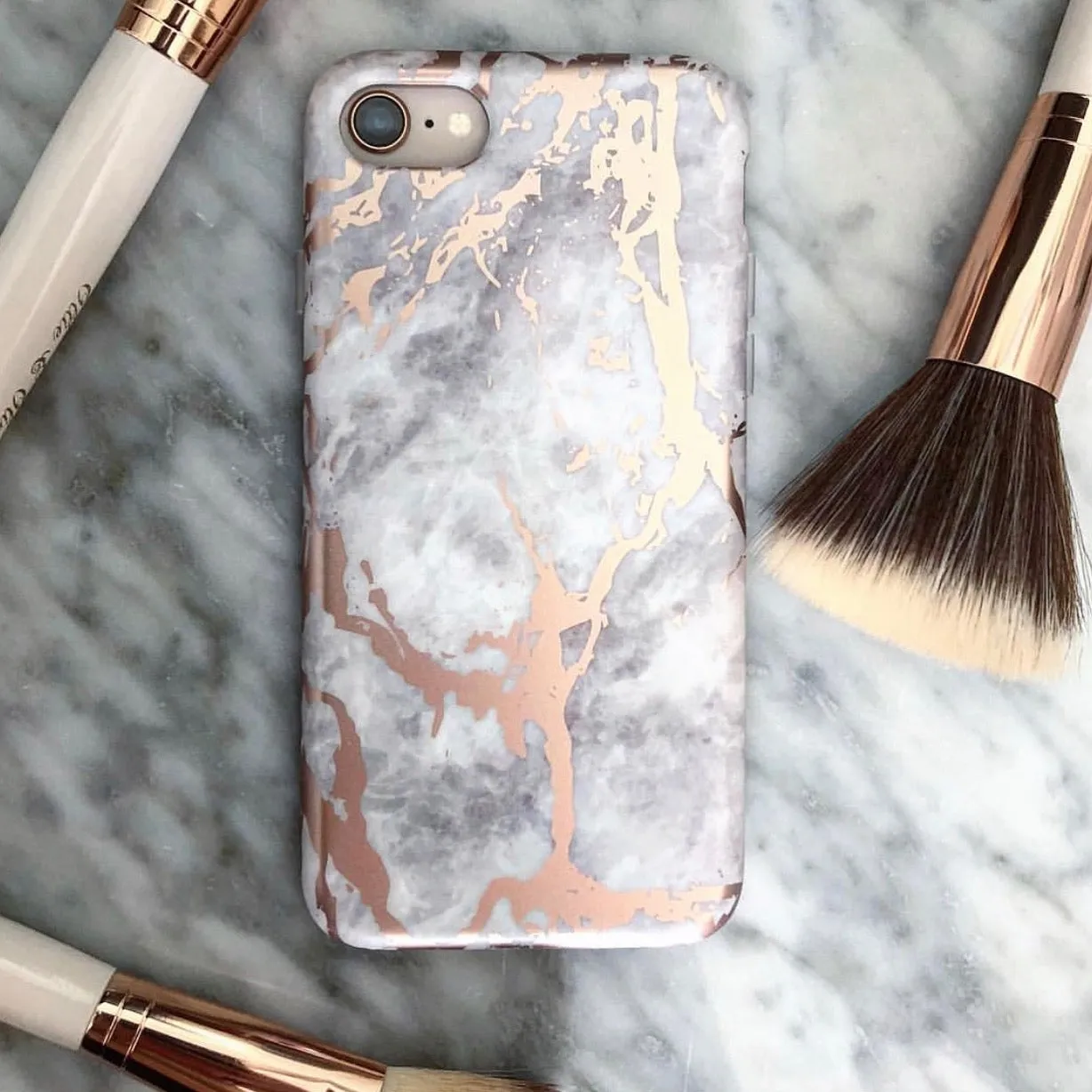 White Marble Rose Gold Chrome iPhone Case